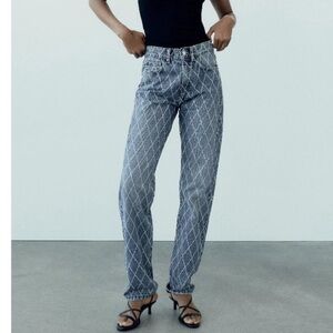 Zara TRF Mid Rise Rhinestone Jeans Beaded Denim St